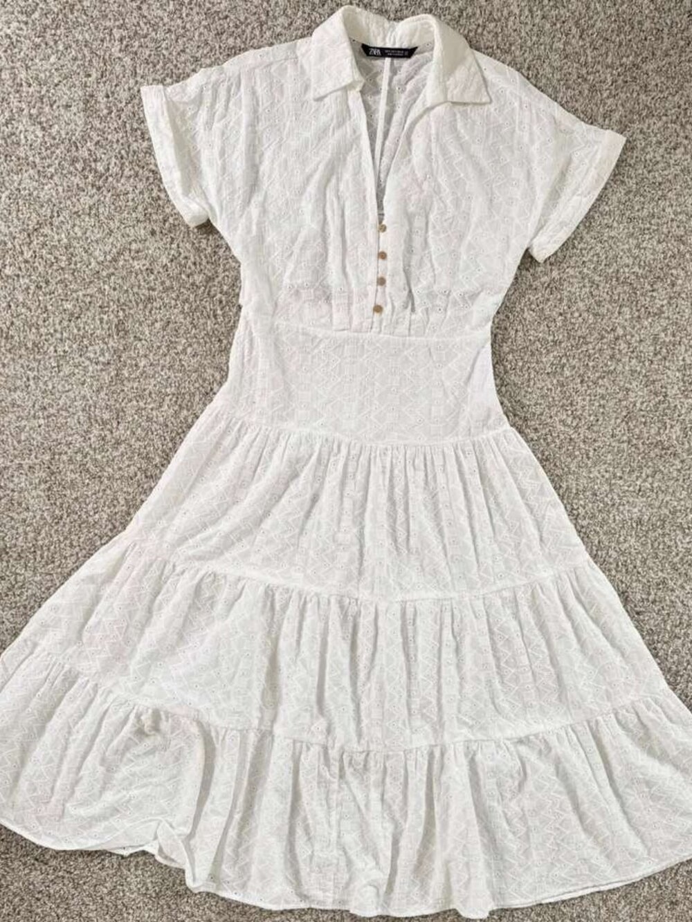 ZARA Embroidered Shirt Dress Cutwork Embroidery Midi Oyster White Tier size S